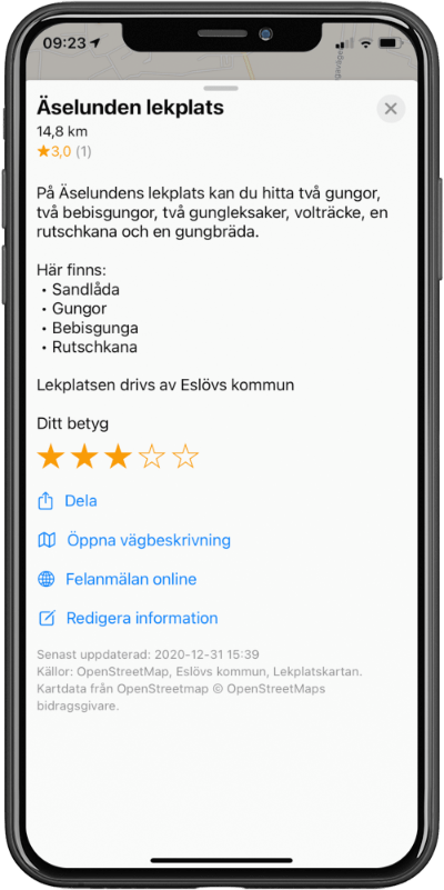 En telefon som visar Playways detaljpanel med knappar för felanmälan